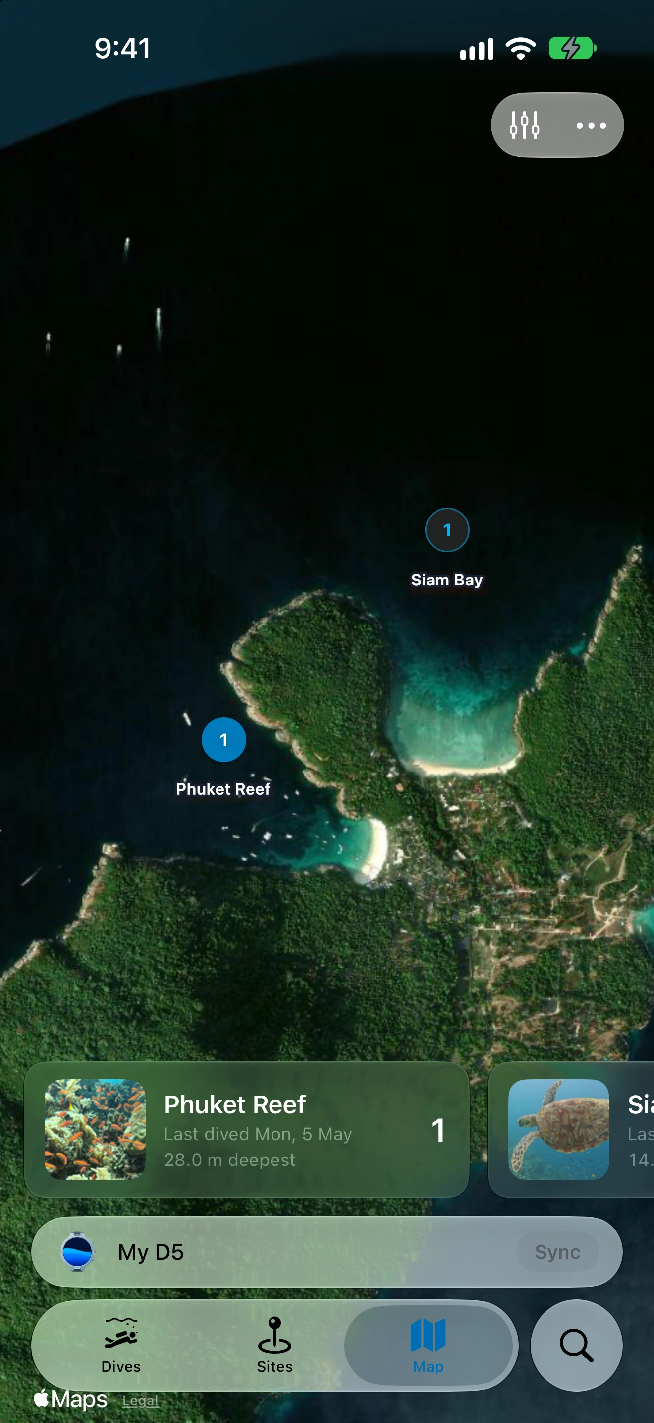 Saved dive sites on Interval’s map